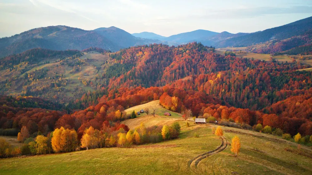 Autumn mountain landscape, aerial view